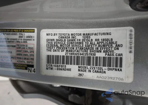 2004 Toyota Matrix Xr из США, поврежденный, VIN 2T1KR32E64C257930